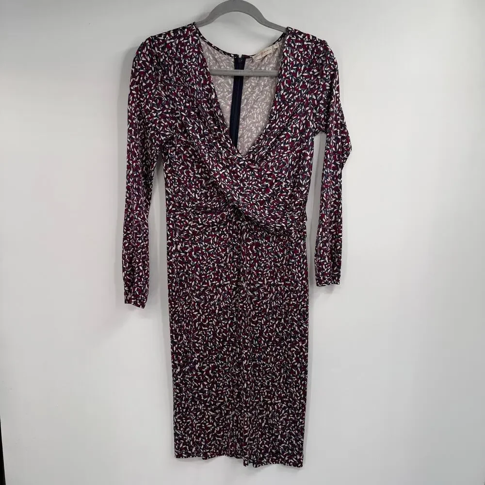 Tory Burch Dress Womens Small Burgundy Confetti Print 100% Silk Ruched